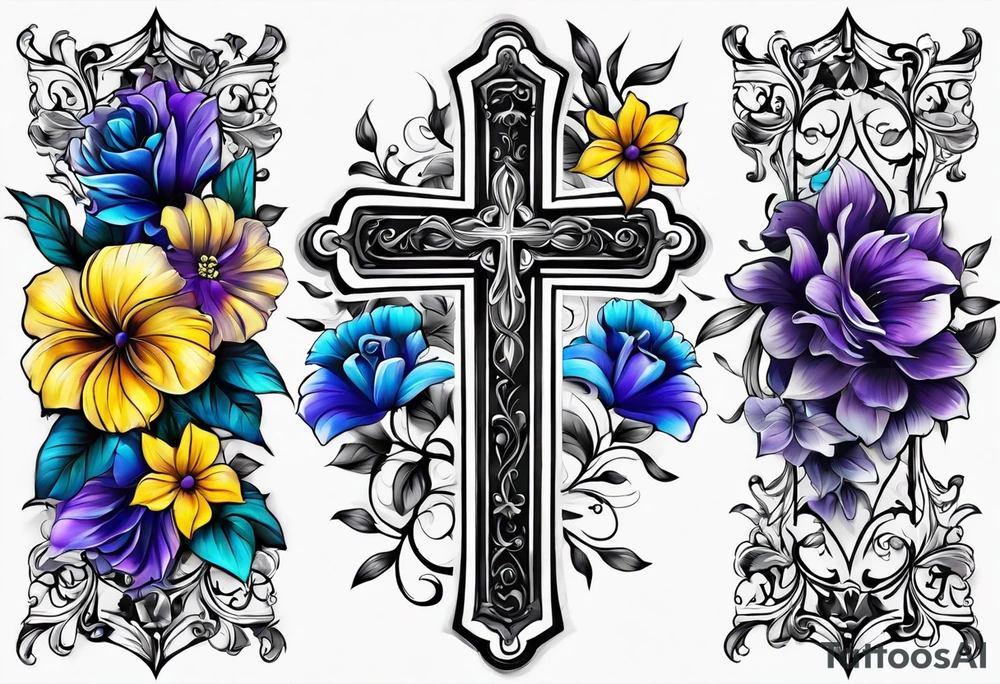 A cross with purple, yellow and blue flowers arm sleeve tattoo idea