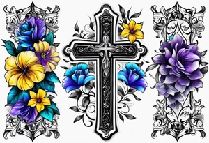 A cross with purple, yellow and blue flowers arm sleeve tattoo idea