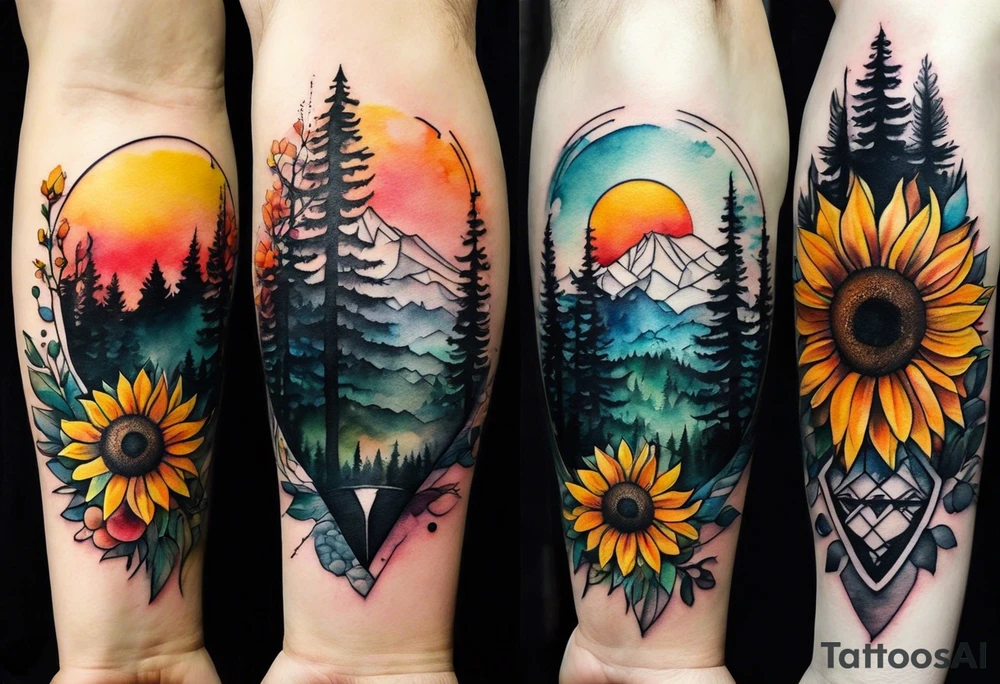 Small Watercolor inside arm tattoo, 4 inches. Black kite (Daya's name), nature (trees/flowers), rock/metal vibe (bold lines), sunflower. Bright colors! tattoo idea
