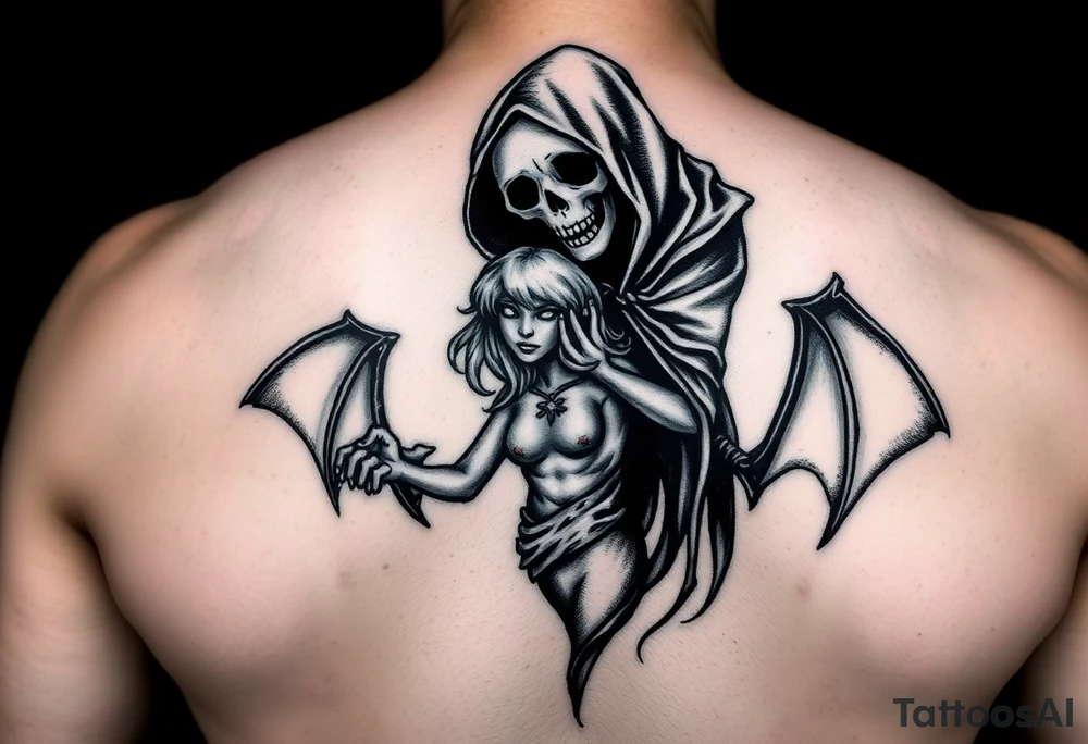 Grim reaper protecting female demon tattoo idea