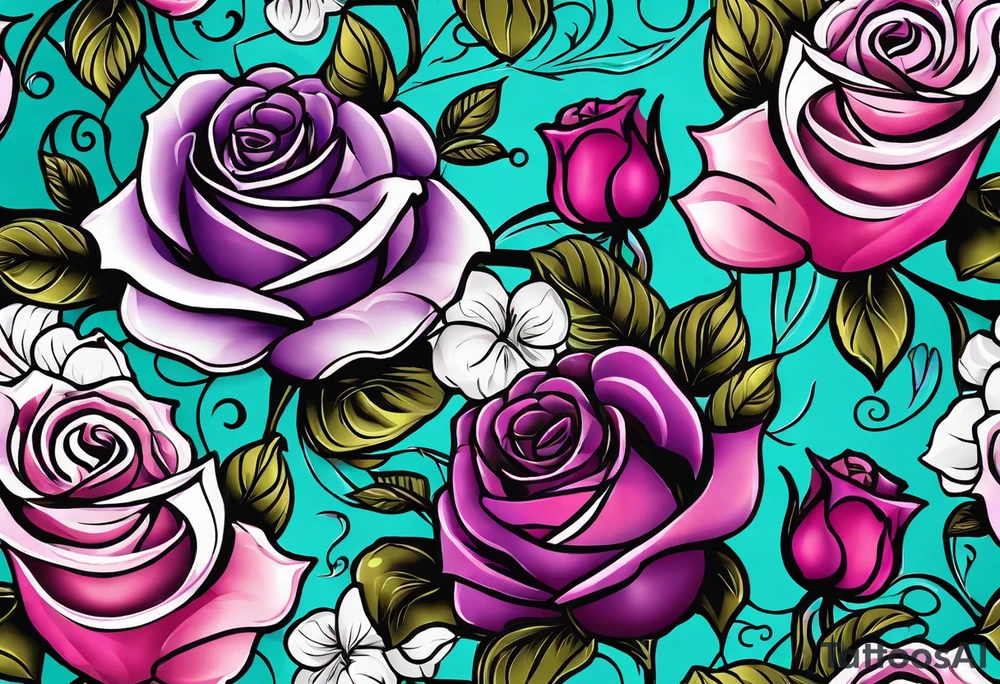 Dad 05-22-50 to 06-07-14, roses, teal, pink, purple tattoo idea