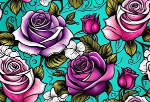 Dad 05-22-50 to 06-07-14, roses, teal, pink, purple tattoo idea