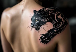 A majestic black panther mid-pounce, with glossy fur in deep obsidian and charcoal highlights, casting a shadow on the skin. tattoo idea