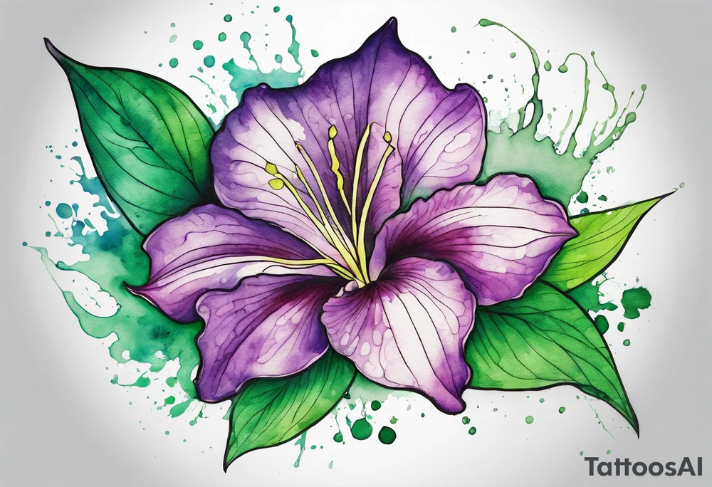 An outline of a green rio dipladenia flower and a green and purple watercolor splash in the background tattoo idea