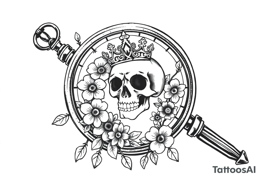 Compass with detailed beautiful gothic boho flowers on vine and skull with gorgeous crown tattoo idea