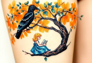 A Raven standing on the branch of an orange tree. A blond little girl wearing a blue dress sitting under the tree while reading a book. The raven is watching her. tattoo idea