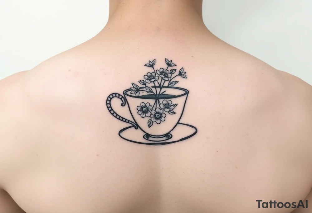 Dainty tea cup with small flowers tattoo idea
