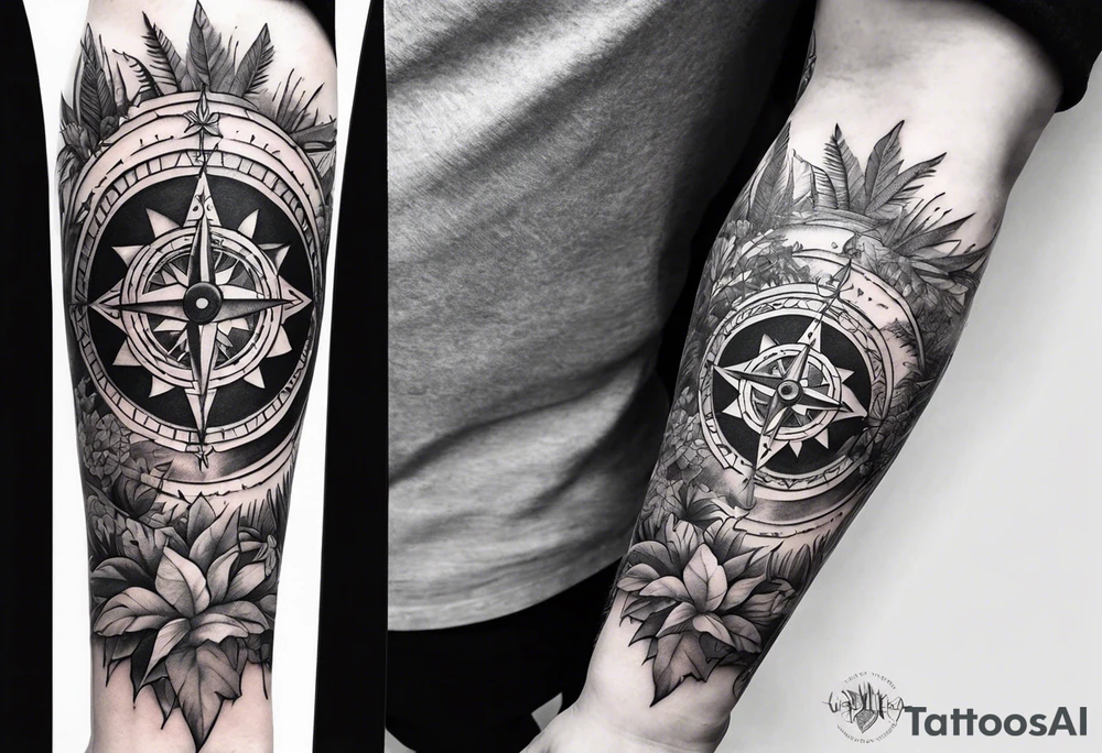 arm sleeve tattoo with Viking compass and all-seeing eye surrounded by jungle plants tattoo idea