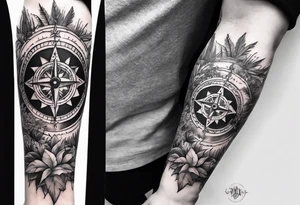 arm sleeve tattoo with Viking compass and all-seeing eye surrounded by jungle plants tattoo idea