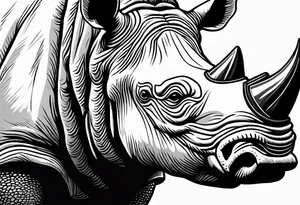 A front-facing rhino head with a sharp elongated tusk that appears angry and fierce. Ears pointed straight up and forward a bit. This rhino if he was in DnD would be a level 20 Paladin tattoo idea