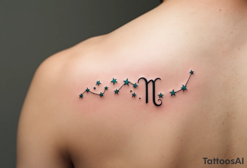 A minimalist Virgo zodiac sign in burnt sienna is followed by a sweeping arc of teal stars forming the constellation. tattoo idea