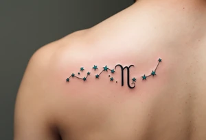 A minimalist Virgo zodiac sign in burnt sienna is followed by a sweeping arc of teal stars forming the constellation. tattoo idea