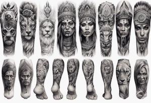 indian realistic leg sleeve with humans and maybe some animals evil looking tattoo idea