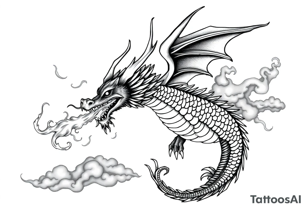 fierce dragon breathing iridescent fire against stormy skies tattoo idea