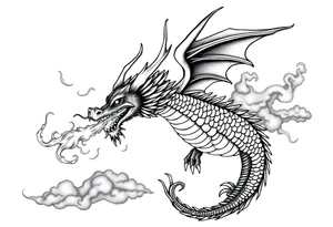 fierce dragon breathing iridescent fire against stormy skies tattoo idea