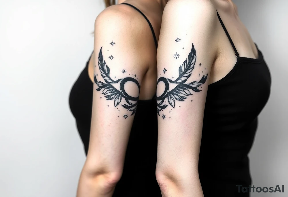 infinity symbol woven with floating feathers and stardust tattoo idea