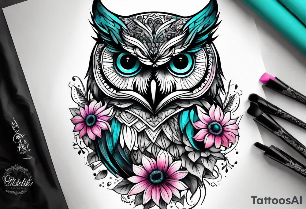 Leg Sleeve with black and white owl that's lightly shaded teal, pink and purple and yellow sunflowers tattoo idea