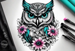 Leg Sleeve with black and white owl that's lightly shaded teal, pink and purple and yellow sunflowers tattoo idea
