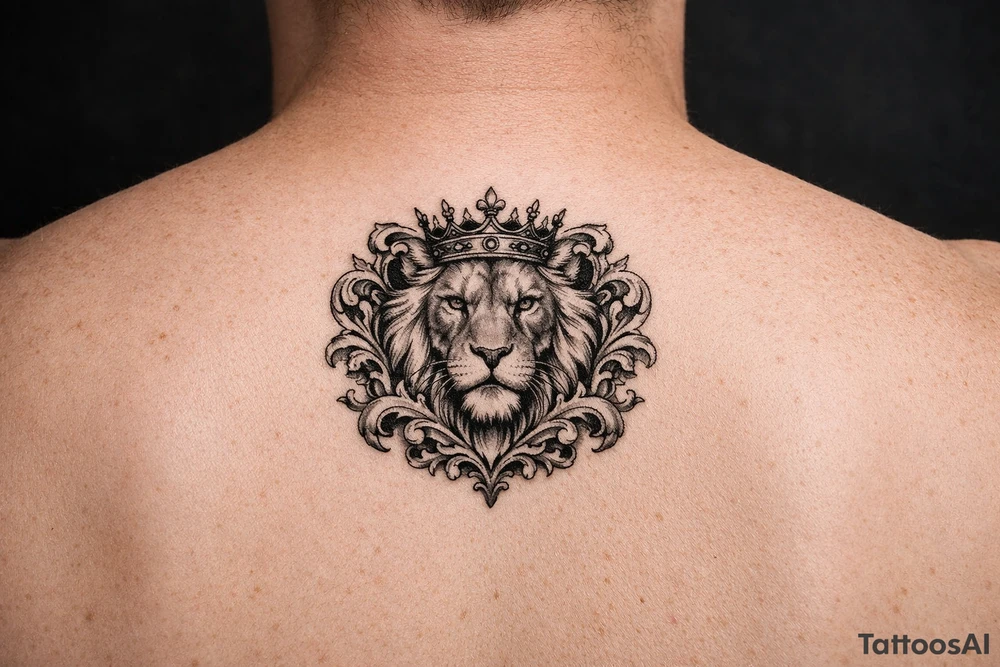 powerful majestic lion with a crown, framed by ornate floral scrollwork tattoo idea