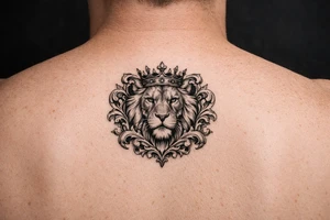 powerful majestic lion with a crown, framed by ornate floral scrollwork tattoo idea