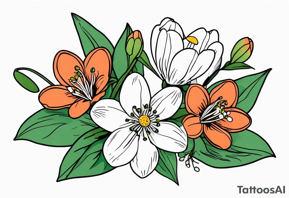Bouquet with One snowdrop, One hawthorn flower, Two honeysuckle blooms tattoo idea