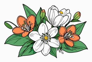 Bouquet with One snowdrop, One hawthorn flower, Two honeysuckle blooms tattoo idea