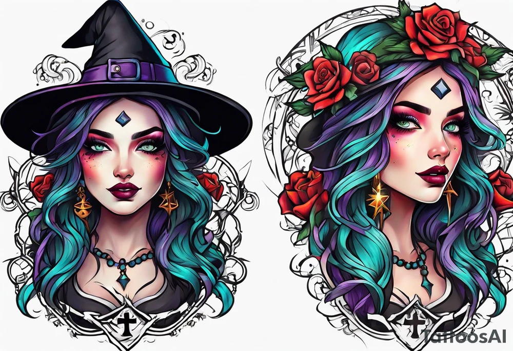 Bright bold Neo traditional tattoo witch with Crosses for eyes tattoo idea