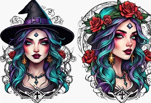Bright bold Neo traditional tattoo witch with Crosses for eyes tattoo idea
