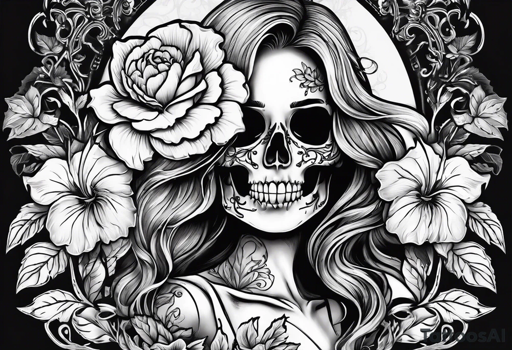 female skeleton with hibiscus flower tattoo idea