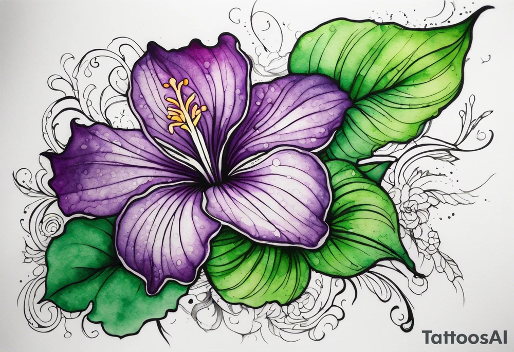 An outline of a green and purple rio dipladenia flower with a mystical green/purple watercolor splash in the background tattoo idea