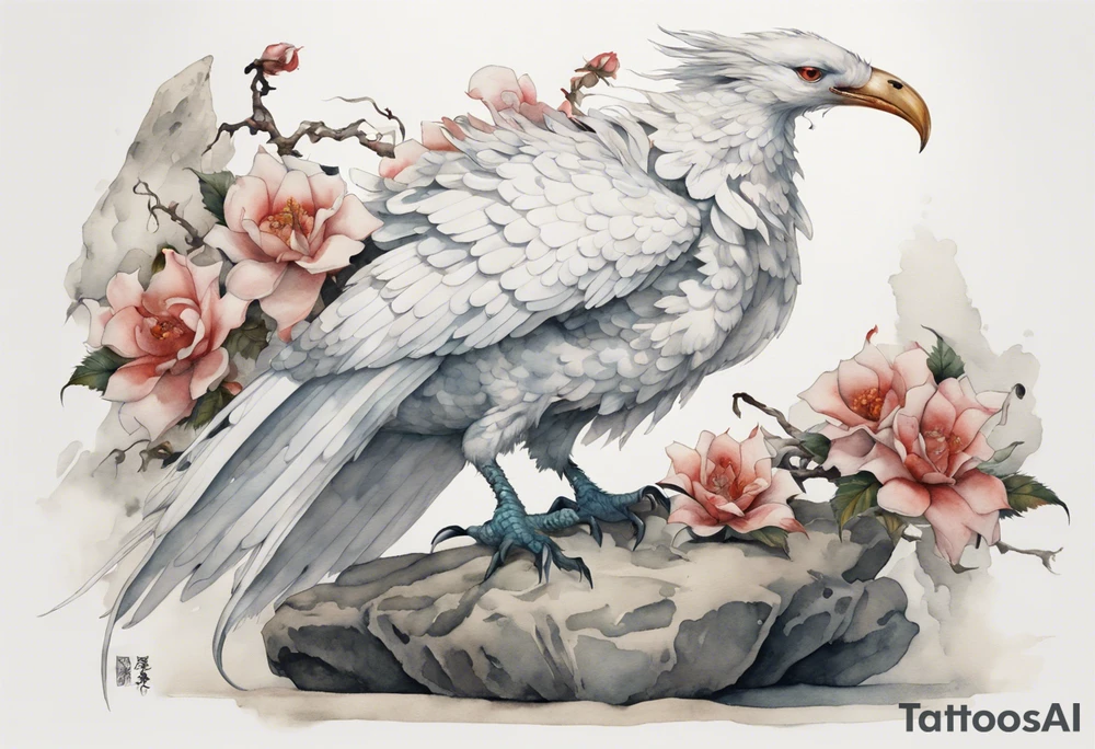 a watercolor of a white bird-serpent hybrid wearing an iron crown, perched upon a stone tattoo idea
