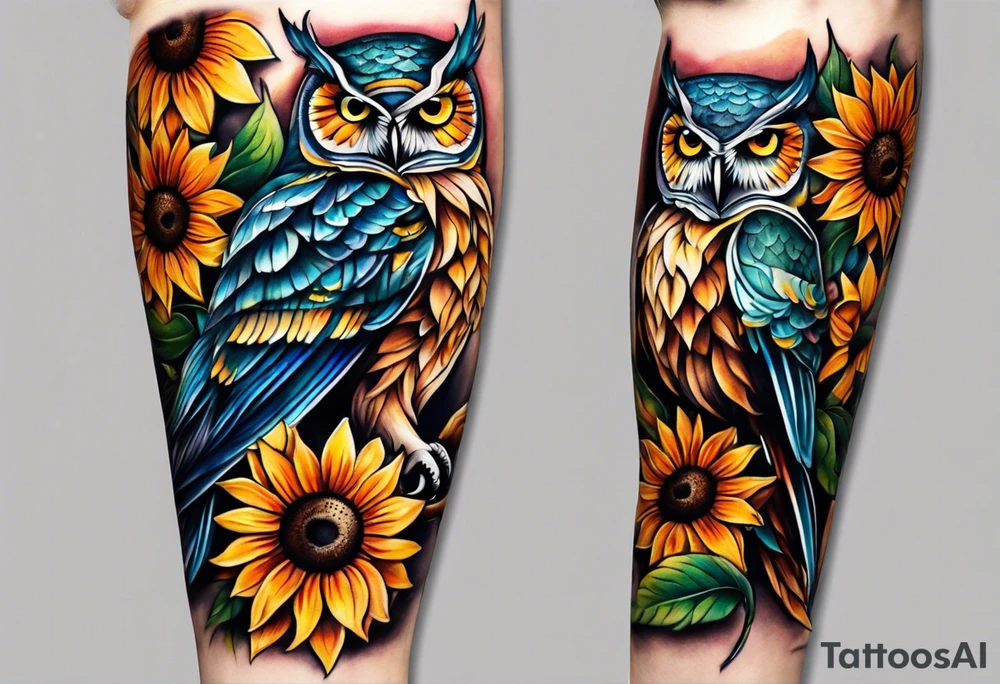 Leg sleeve with colorful sunflowers and an owl tattoo idea