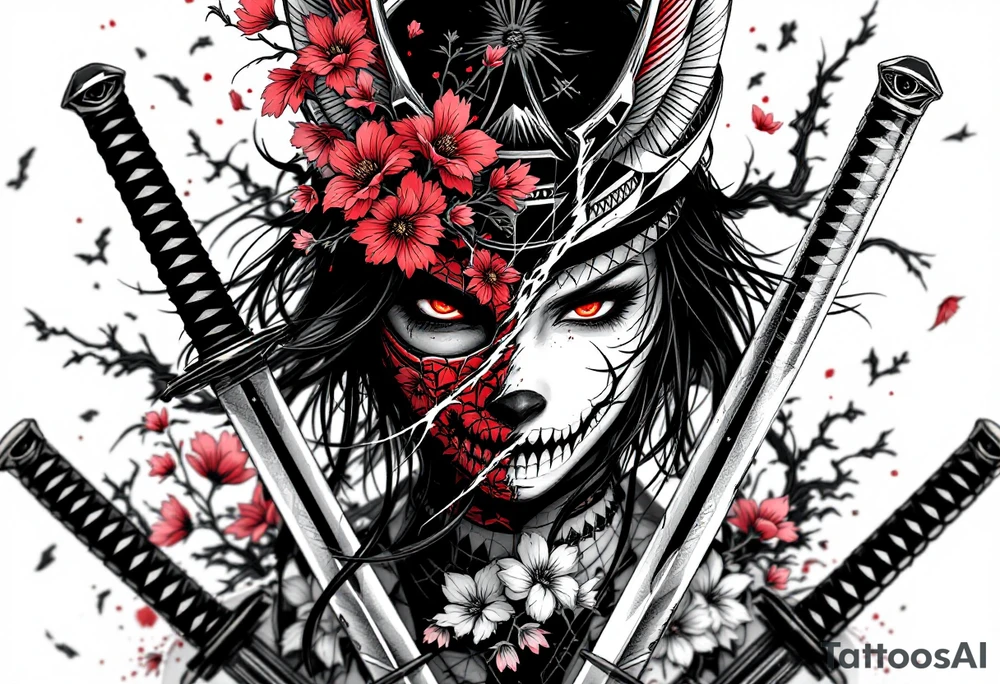 Woman samurai with red eyes wearing an half and broken kitsune mask, holding katanas and Sakura flowers ornement tattoo idea