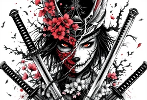 Woman samurai with red eyes wearing an half and broken kitsune mask, holding katanas and Sakura flowers ornement tattoo idea