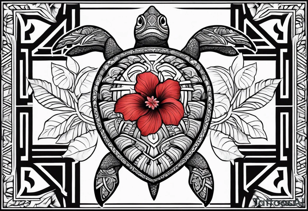 Black Polynesian turtle with red hibiscus flower in the middle of turtles shell tattoo idea