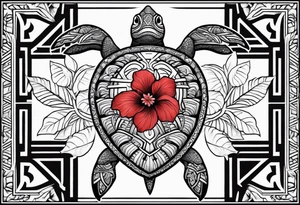 Black Polynesian turtle with red hibiscus flower in the middle of turtles shell tattoo idea