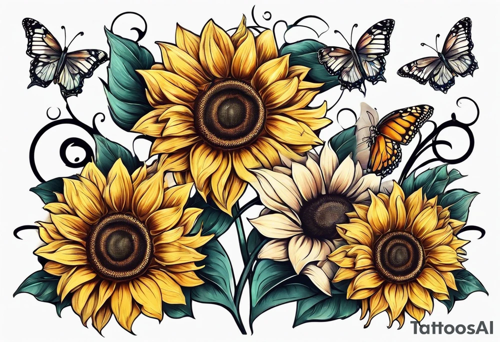 Sunflower and butterfly leg sleeve tattoo idea