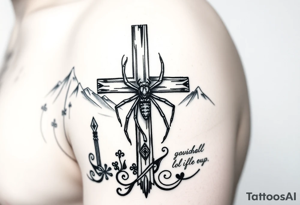 a cross surrounded by a fence with mountains in the background. A daddy long-leg spider climbing up the arm. native American tribal insignia wrapping around the arm. also add two bible versus  that will go under the cross. add a small amount of Irish Celtic designs. tattoo idea