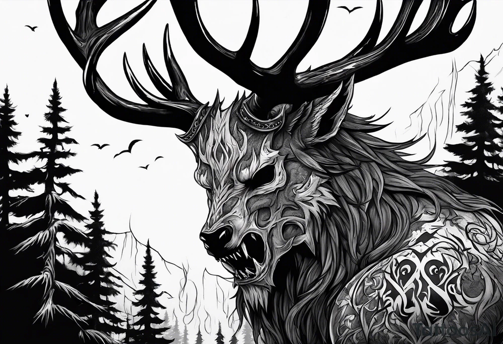 A TERRIFYING decaying lore accurate wendigo surrounded by a forest fire in background tattoo idea