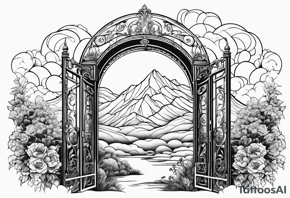 night town mountains garden gate entrance
in circle vignette surrounded by clouds floral tattoo idea