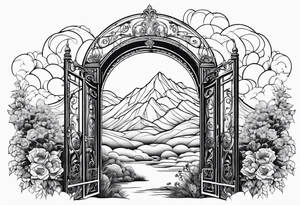 night town mountains garden gate entrance 
 in circle vignette surrounded by clouds floral tattoo idea