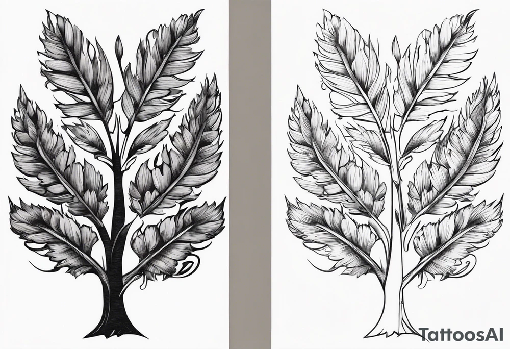 Oak tree leaves with wheat stalks wrapped in a ribbon tattoo idea