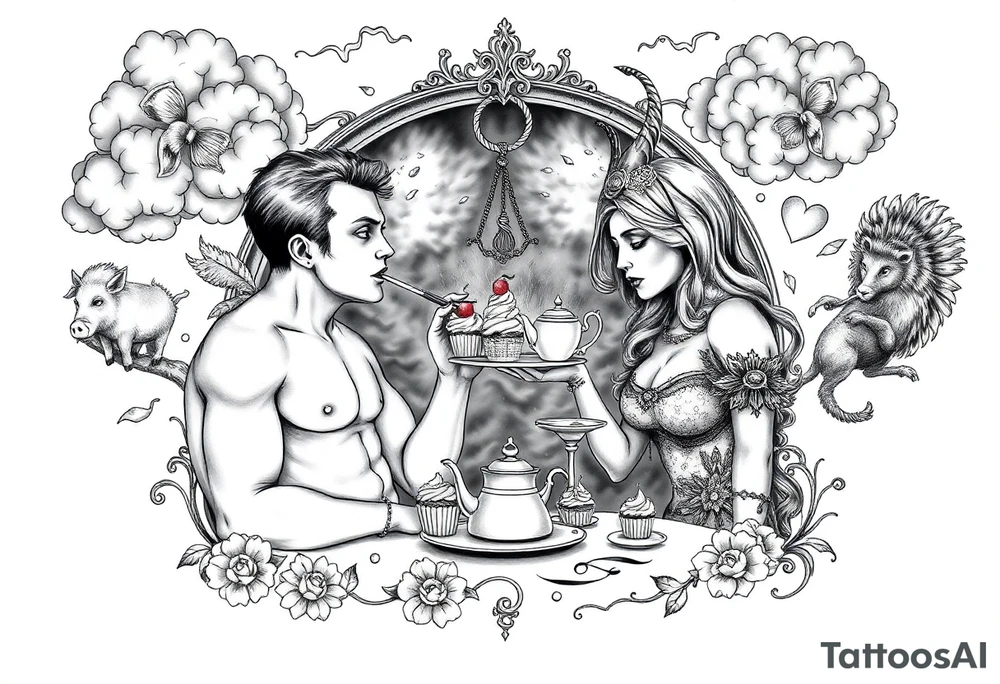 Mystical Naked Man and woman eating cupcakes fruit  having sex clouds gothic sexy naked fat lady having a tea party with tea pot and Victorian castle explosions
with a piggy, peacock, noose, lion, goat, smoking cigerettes looking in the mirror thru storm clouds with razor blades and broken hearts and darkness and wrath, envy , gluttony, greed, sloth, pride kill tattoo idea