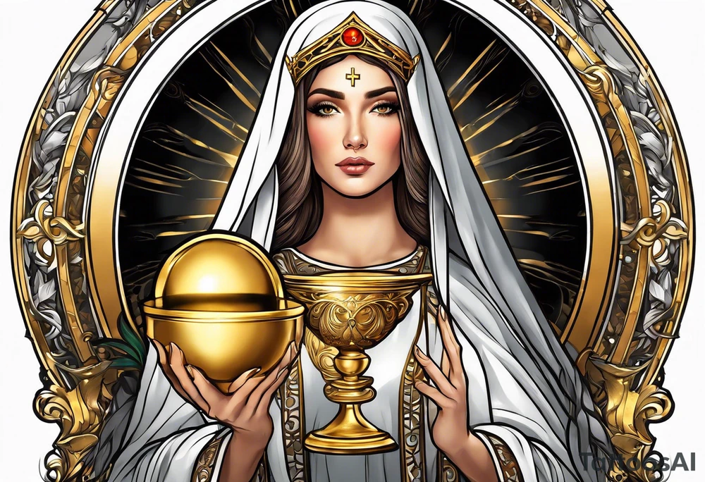 woman saint holding chalice surrounded by golden halo tattoo idea