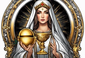 woman saint holding chalice surrounded by golden halo tattoo idea
