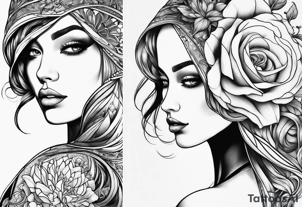 Thin lines of a women side faces not realistic tattoo idea