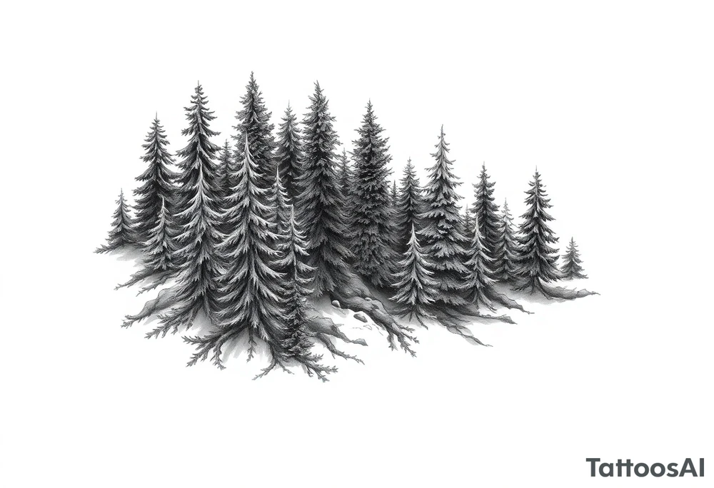 Coniferous forest tattoo sleeve black and gray tattoo idea Coniferous forest tattoo sleeve black and gray tattoo idea