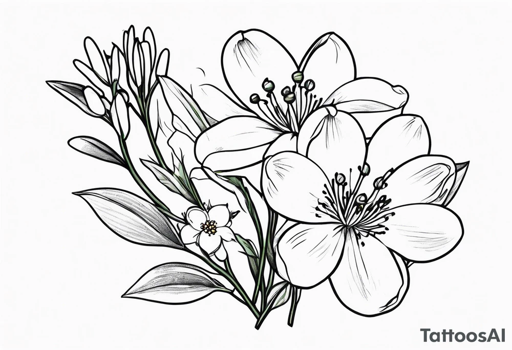 Bouquet with One snowdrop, One hawthorn flower, Two honeysuckle blooms tattoo idea