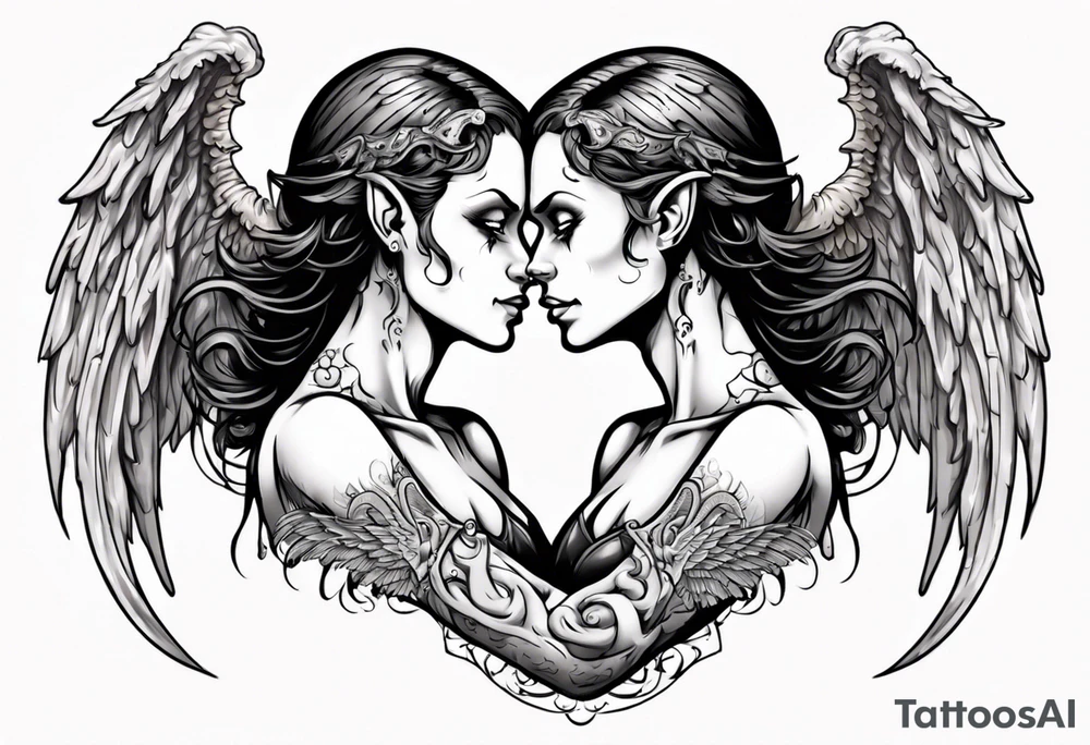 Demon and angel holding each other. He has angel wings, she has demon wings. tattoo idea