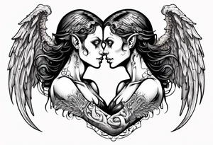 Demon and angel holding each other. He has angel wings, she has demon wings. tattoo idea